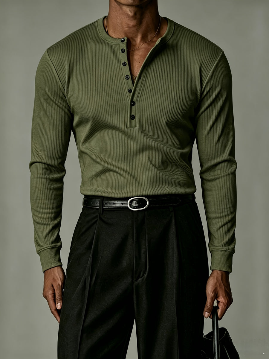 Men'S Long Sleeve, Multi-Color Optional Ribbed Henley Slim Fit Casual Solid Top, High-Quality Fitted T-Shirt - Military Green
