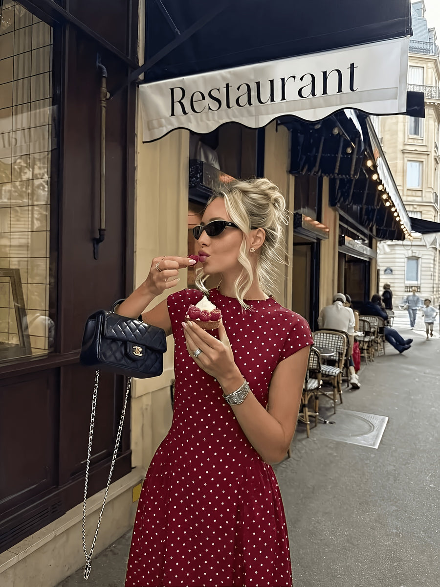 New Women's Polka Dot Maxi Dress, Waist-Cinching Style, Elegant French-Style Dress - Burgundy