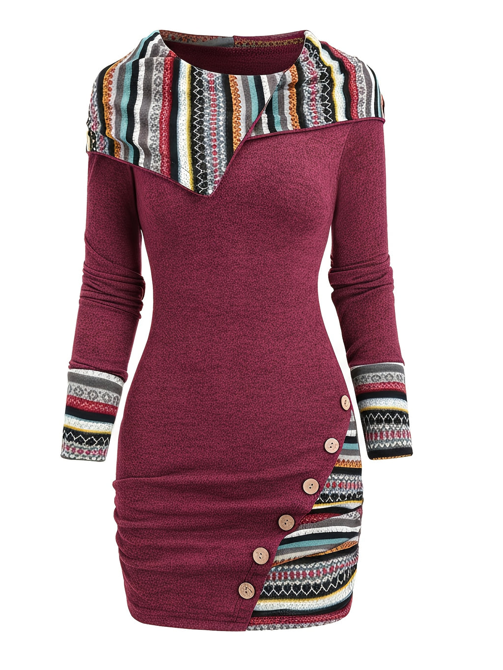European And American Fashion Women'S Ethnic Style Geometric Striped Patchwork Hooded Long-Sleeve Fitted Dress - The color of rouge