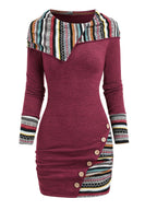 European And American Fashion Women'S Ethnic Style Geometric Striped Patchwork Hooded Long-Sleeve Fitted Dress - The color of rouge
