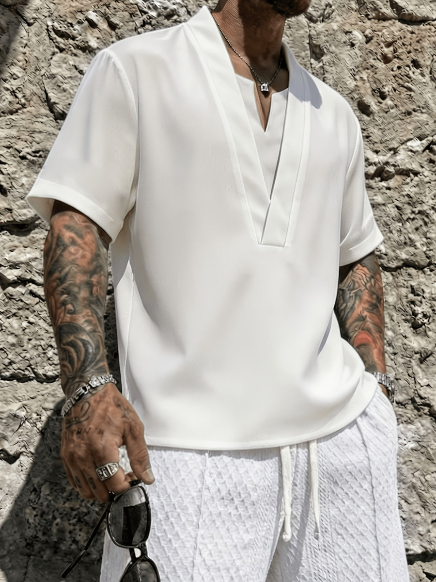 Men's V-neck Short-Sleeve Shirt, Casual Loose Fit Top, Fashionable Street Style Summer Daily Wear T-shirt - White