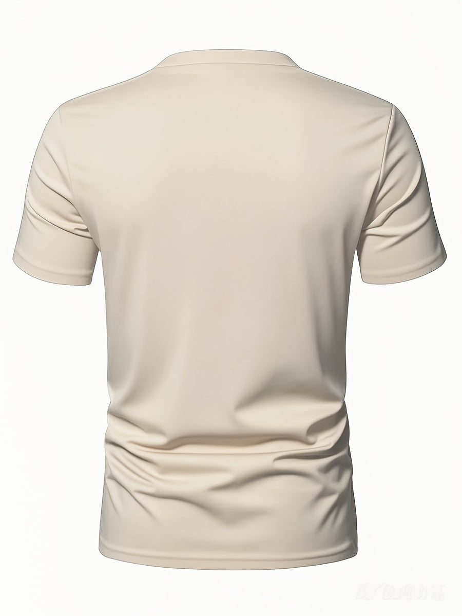 Men'S Patchwork V-Neck Short Sleeve T-Shirt, Suitable for Summer Outdoor Casual Wear, Casual Versatile Knit Top - Apricot2