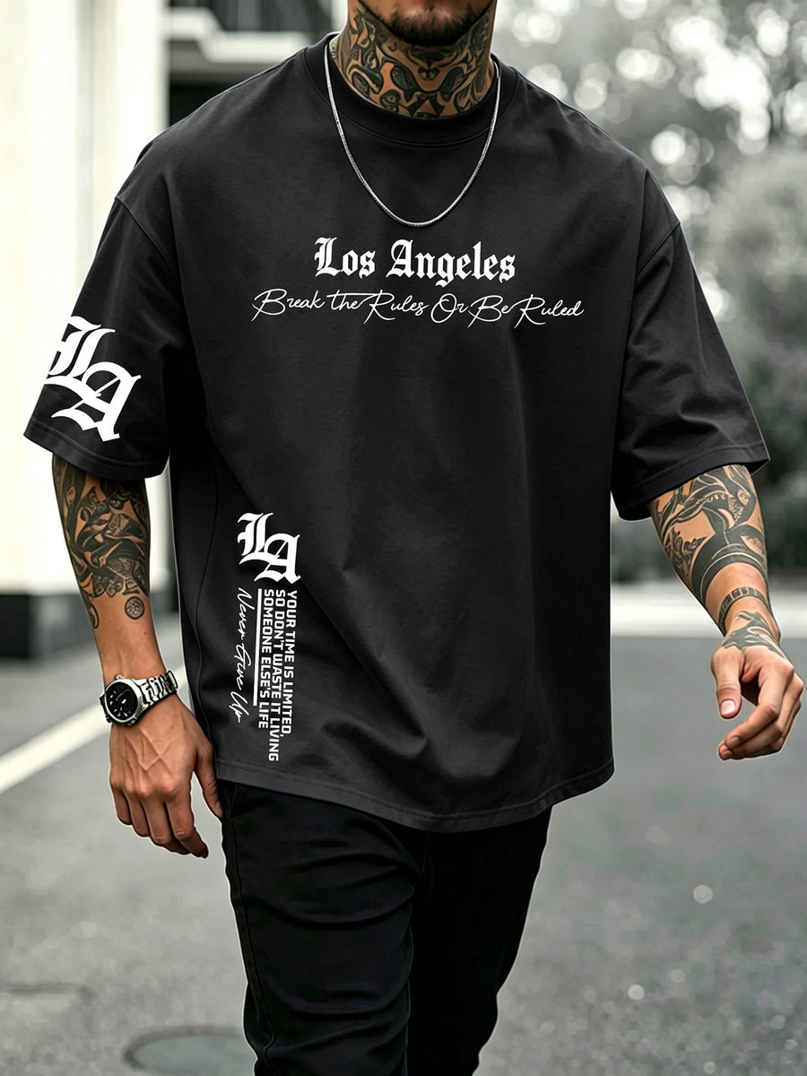 Men's 100% Pure Cotton T-Shirt, Los Angeles Letter Print, Comfortable and Breathable, for Spring/Autumn Casual Daily Wear - Black