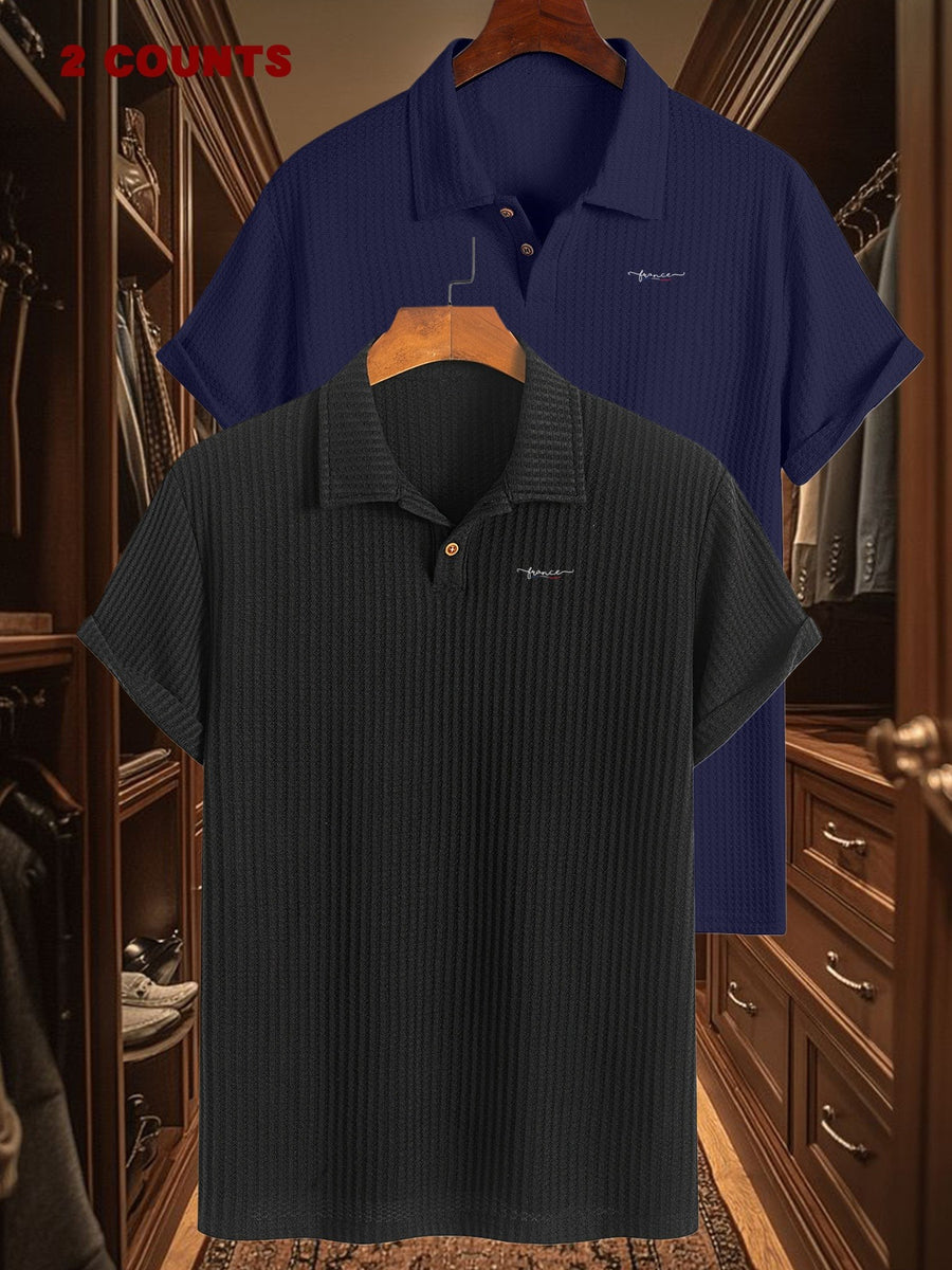 2pcs Set Summer Men'S Textured Jacquard Short Sleeve POLO Shirts | Casual Comfortable Soft Knit Lapel Collar, Geometric Pattern, Button Details - Black + Navy