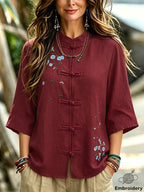 INS Chinese Style Shirt - Women'S Mid-Length Cheongsam Cardigan, Retro Button-Front And Embroidered Stand Collar, Suitable for Daily, Office, And Semi-Formal Wear, Machine Washable, All-Season Casual Top A281 - Red