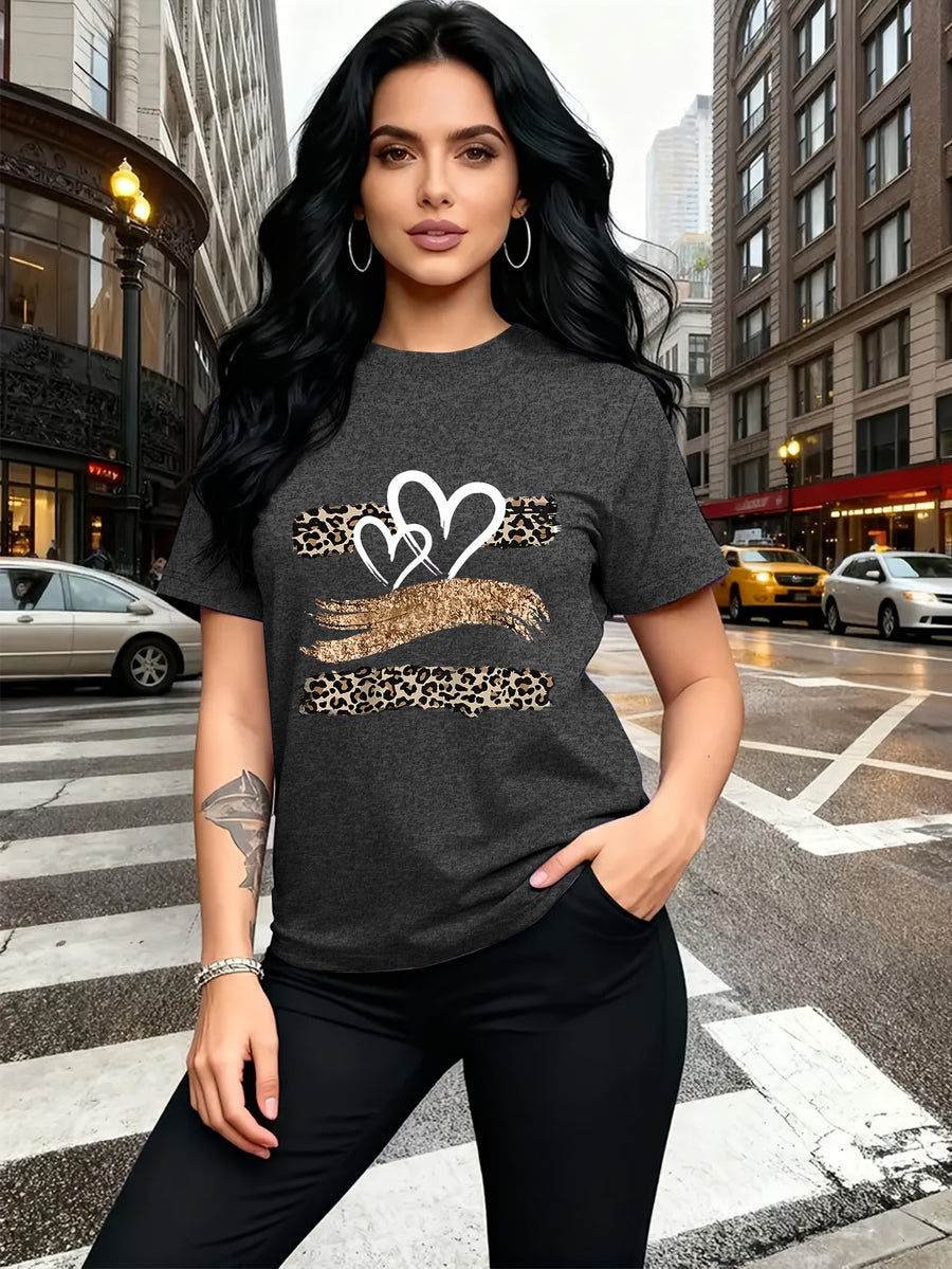 Leopard Print Heart Glitter-themed Pattern Print, Fashionable Breathable T-shirt, for Family Travel,, Casual S, Daily Commutes, Matching Outfits for Sisters, Versatile T-shirt 30057 - Dark Gray