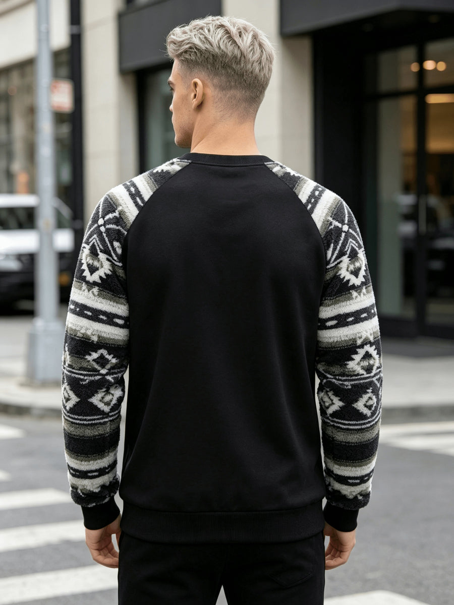 Men'S Autumn Winter Round Neck Plush Sweatshirt, Drop Shoulder Plush Sweatshirt, Fashionable Color-Block Patchwork And Solid Color Design, Wrinkle-Resistant Soft Knit Material, Very Practical. Suitable for Students' Daily Wear on Campus, Outings - Black