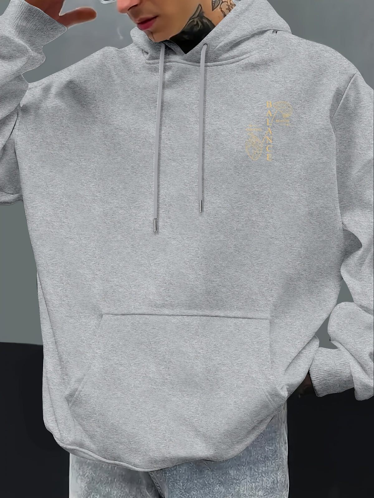 Men'S Autumn Winter Print Hooded Fleece Sweatshirt, Versatile Athletic Casual Loose Hooded Sweater - Grey