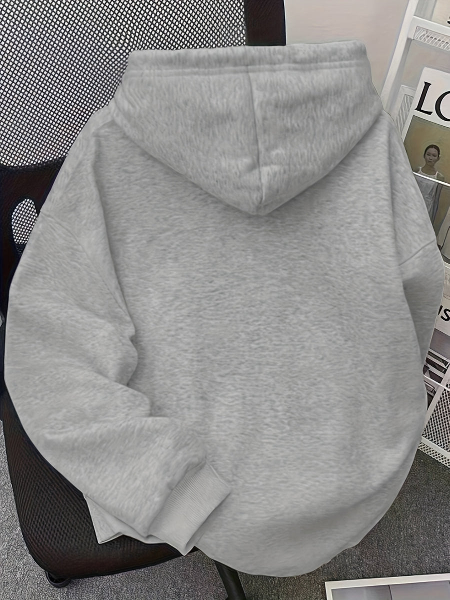 Women's Oversized Hooded Sweatshirt with Bow & Letter ' Print - Cozy Loose-Fit Sweater, Medium-Stretch Fabric, Machine Washable, Spring/Autumn Casual Wear (Year-Round) - Bow & Letter ' Design for Layering, Loose Sweater - Grey