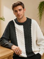 Men'S Vertical Stripe Color-Block Jacquard Round Neck Sweater, Loose Drop Shoulder Fit, Casual Relaxed Style, Flattering for All Body Types, Ideal for Daily Outings, Dates, And Commuting - SINBOS - Grey