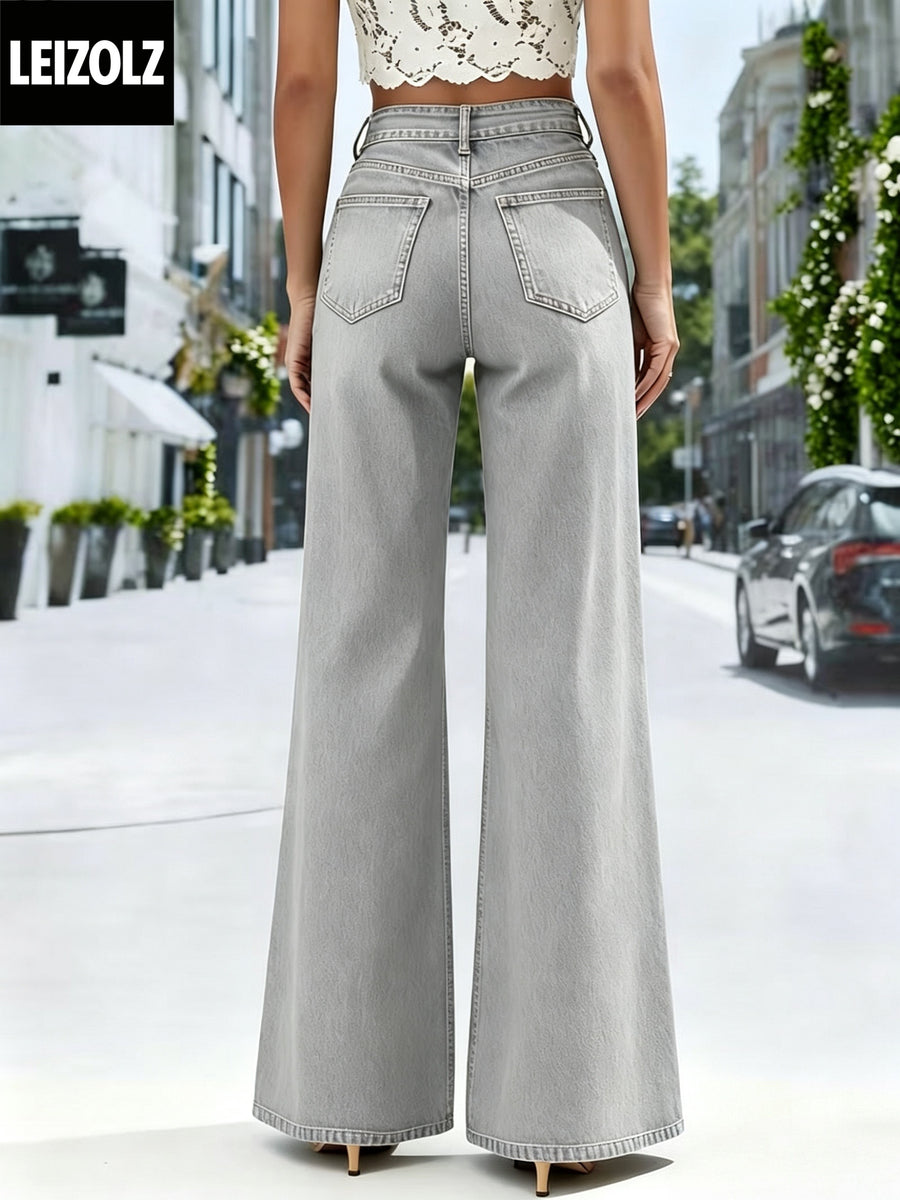 Women's High-Waist Commuter-Style Light Gray Washed Button-Front Wide-Leg Jeans, Flared and Lengthened for a, Loose-Fit Floor-Length Denim Pants - Light Grey