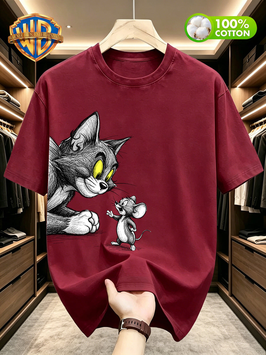 Warner Bros Official Summer New Arrival 100% T-Shirt, Casual and Stylish Men's Short Sleeve Tee with Scrawled Line Art Cartoon Print, Soft and Comfortable Men's T-Shirt, Machine Washable Men's Top, Suitable for Home Leisure, Campus, Daily Commuting - Burgundy