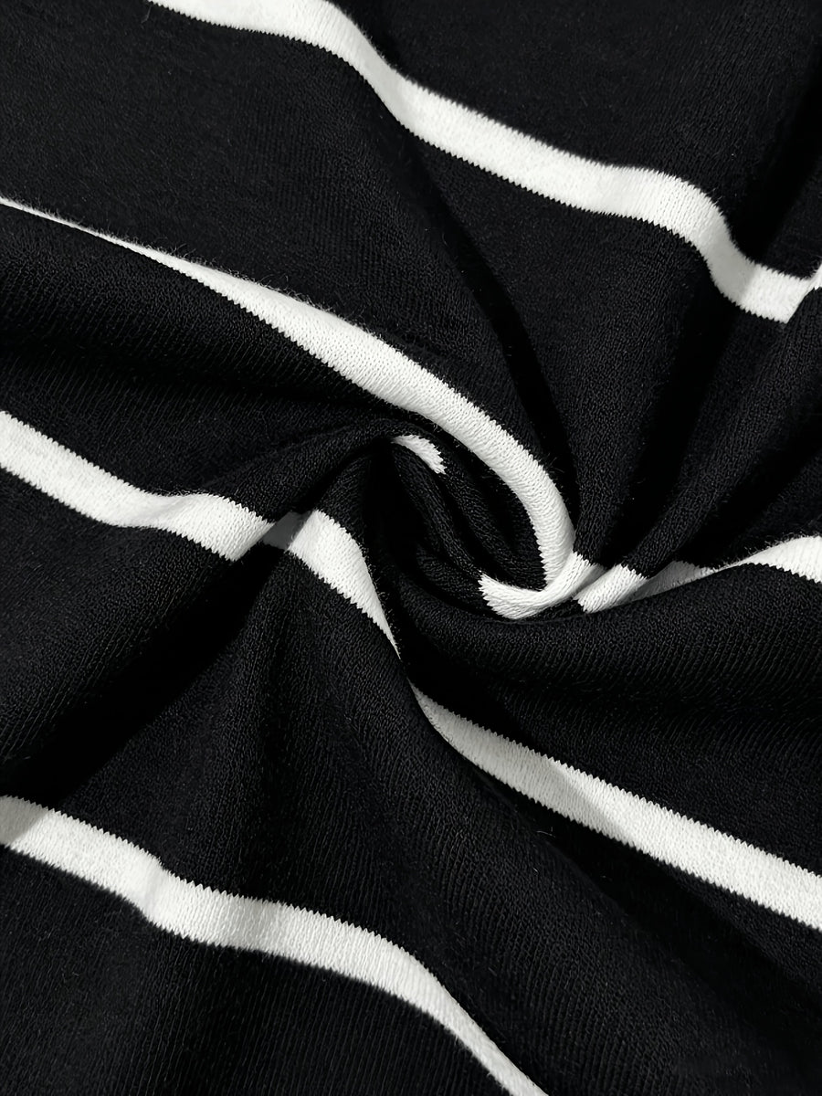 Women'S New Black And White Striped Round Neck Short Sleeve Slim Waist-Cinching Mid-Length Dress - Black And White Stripes