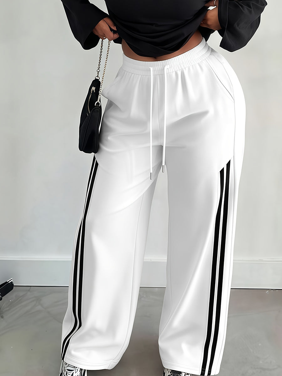 Halloween Autumn/Winter 2027NEW Women's Drawstring Waist Pocket Patchwork Casual Sweatpants, Ladies' Spring Autumn Casual Drawstring, Pockets, Side Stripe Natural Straight Leg Long Loose Pants, Casual Daily Wear, Back to - White