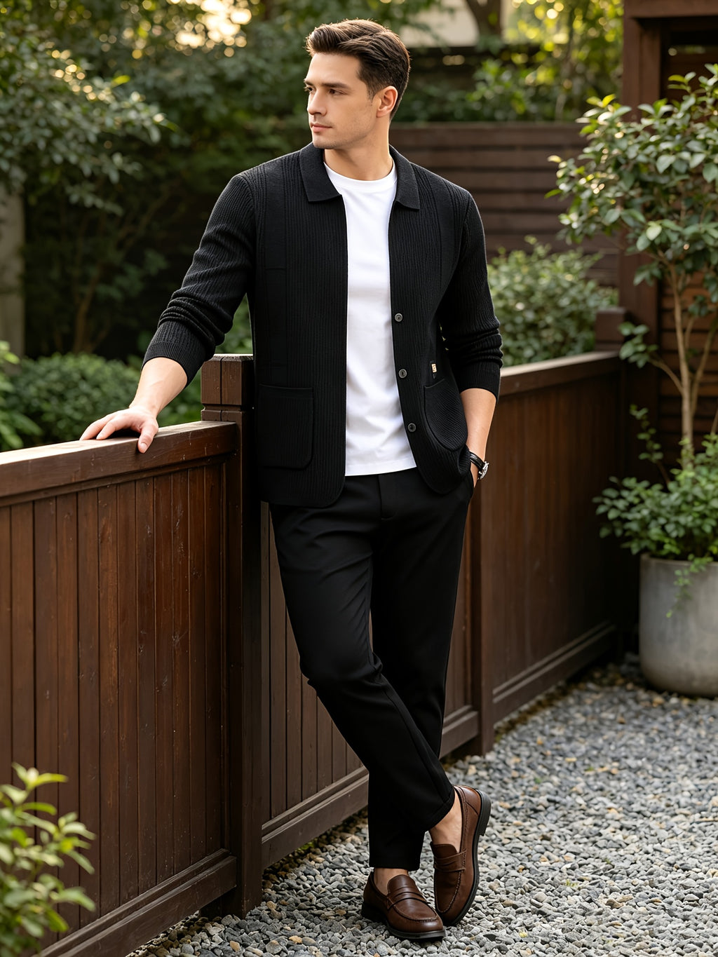 Men's Lightly Mature Business Casual Lapel Knit Cardigan, Vertical Stripe Textured Breathable Wrinkle-Resistant Knit Outerwear, Comfortable, Soft, and Skin-Friendly, with Simple Single-Breasted Design and Dual Pockets, Structured Fit for a Slimming - Black