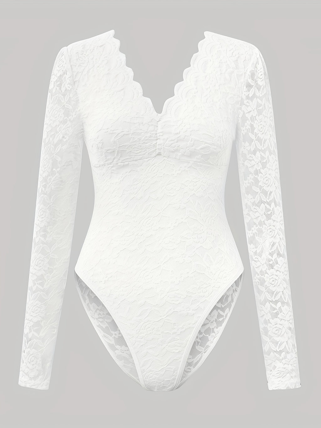 Sexy Spicy Style Deep-V Backless Lace Rose Printed Sheer Skinny Long Sleeve Bodysuit - White