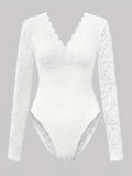 Sexy Spicy Style Deep-V Backless Lace Rose Printed Sheer Skinny Long Sleeve Bodysuit - White