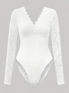 Sexy Spicy Style Deep-V Backless Lace Rose Printed Sheer Skinny Long Sleeve Bodysuit - White