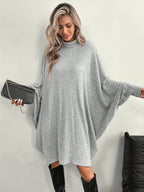 Plus Size, Plus Size Women's Oversized Winter Batwing Dress - Elegant High Neck Long Sleeve A-Line Coat Dress with Collar, Machine Washable Grey Sweater Dress for Casual & Formal Events (Fall/Winter) - No- Design - Light Grey