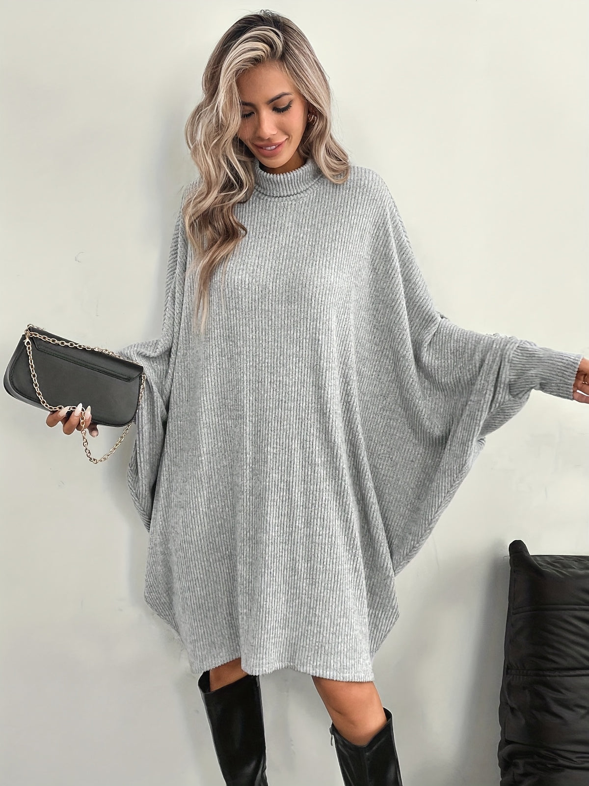 Plus Size, Plus Size Women's Oversized Winter Batwing Dress - Elegant High Neck Long Sleeve A-Line Coat Dress with Collar, Machine Washable Grey Sweater Dress for Casual & Formal Events (Fall/Winter) - No- Design - Light Grey