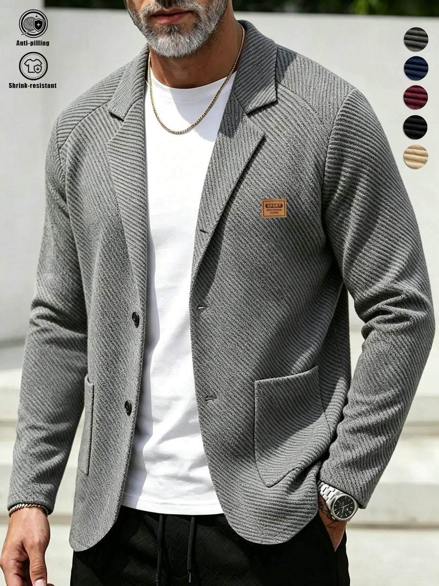 Whale Crossing OBM Men's New Spring, Autumn, and Winter Collection: Twill Textured Fabric Notched Lapel Cardigan, Single-Breasted with Double Pockets, Business Casual Versatile Long-Sleeve Knit Outerwear. Soft, Comfortable, and Stylish Solid-Colored - Grey