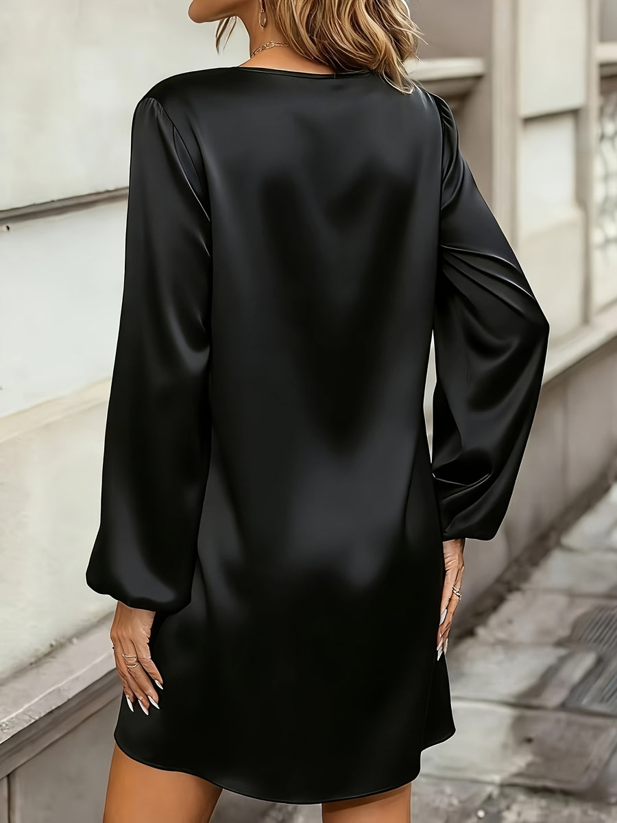 New Section Versatile Easy High-End Elegant V-Neck Solid Color Dress - Black