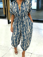 Summer Lapel Short-sleeve Printed Jumpsuit with Front Button Design, Comfortable to Wear, Elegant and Casual Overall for Women, Batwing Sleeve Design, Wide-leg Design with Front Tie, Suitable for Dates, Work, Vacations, Festivals, and Casual Wear - Blue