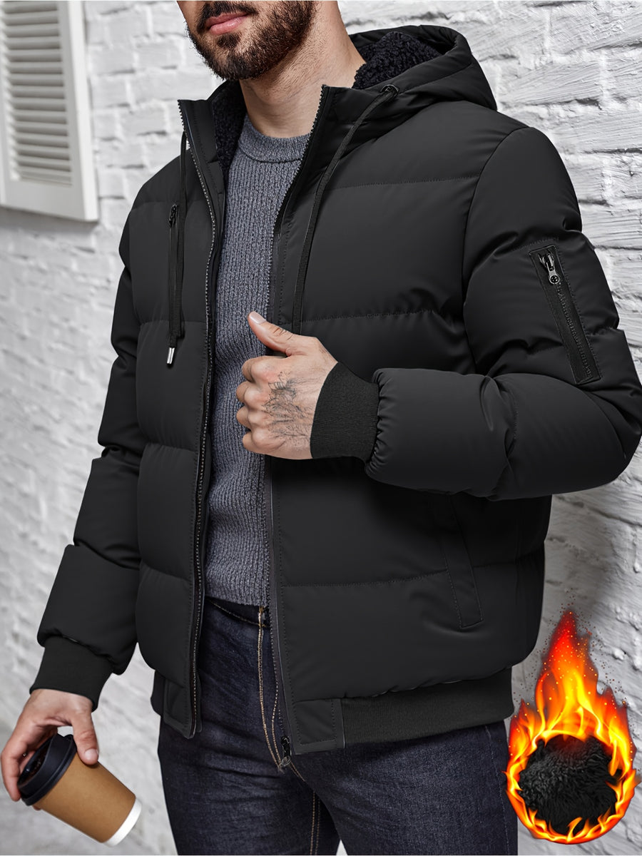 Winter Plush Jacket Thick Warm Jacket Hooded Jacket Casual Outdoor Jacket Solid Color Zipper with Plush Thickening - Black