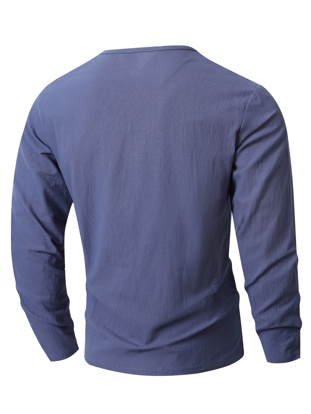 Seaside Vacation Summer Men's V-Neck Long Sleeve Linen Solid Color Casual Long Sleeve T-Shirt - Navy Color