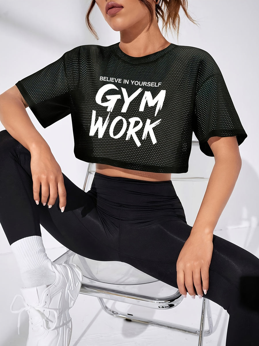 Women's Breathable Mesh Short Sleeve T-Shirt - Semi-Sheer Athletic Top with Mesh Paneling & Letter Print, Round Neck Training Shirt Suitable for Gym,, Casual Wear, Spring Summer Fall Blouse Women's Fashion - Black