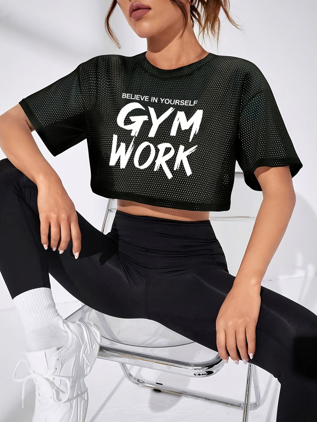 Women's Breathable Mesh Short Sleeve T-Shirt - Semi-Sheer Athletic Top with Mesh Paneling & Letter Print, Round Neck Training Shirt Suitable for Gym,, Casual Wear, Spring Summer Fall Blouse Women's Fashion - Black
