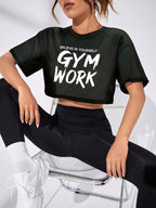 Women's Breathable Mesh Short Sleeve T-Shirt - Semi-Sheer Athletic Top with Mesh Paneling & Letter Print, Round Neck Training Shirt Suitable for Gym,, Casual Wear, Spring Summer Fall Blouse Women's Fashion - Black