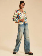 Floral Print Casual Jacket for Women, Open Front Light Beige Boho Autumn Vacation Holiday Wear, New Year Look Western Style Tropical Summer - Multicolor