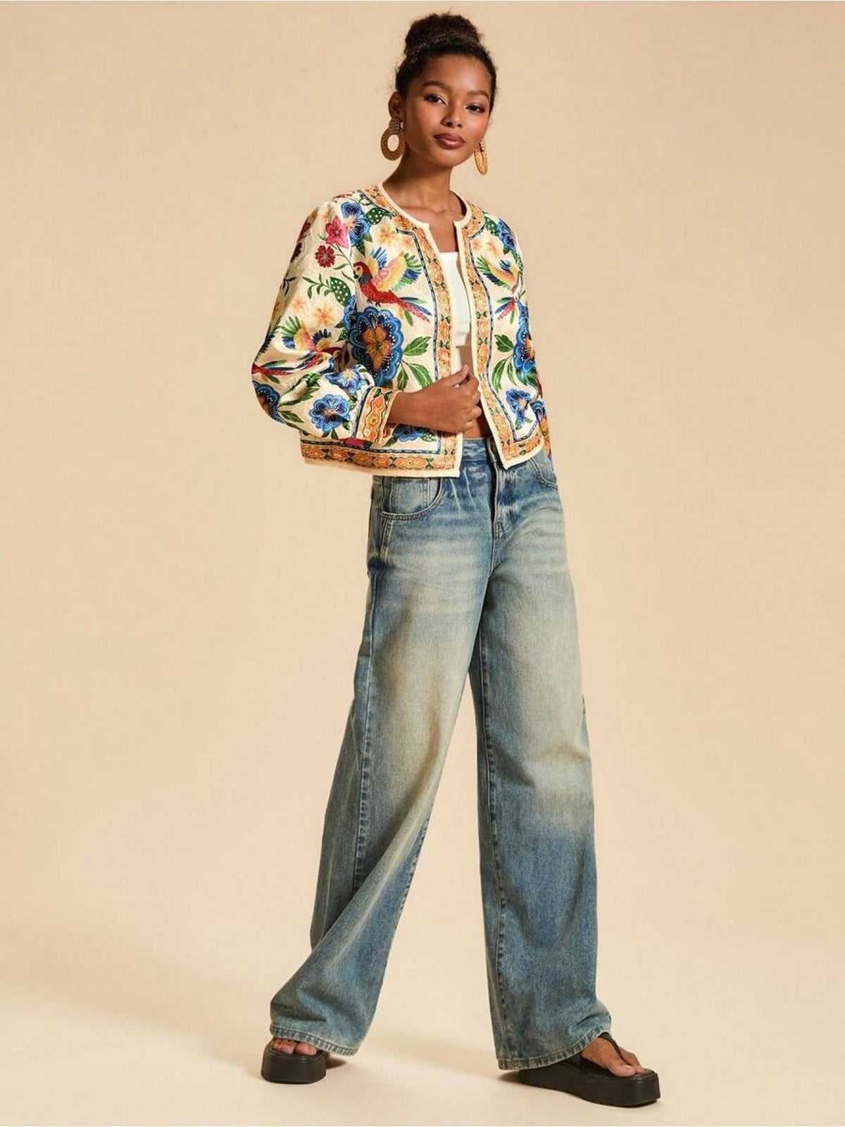 Floral Print Casual Jacket for Women, Open Front Light Beige Boho Autumn Vacation Holiday Wear, New Year Look Western Style Tropical Summer - Multicolor
