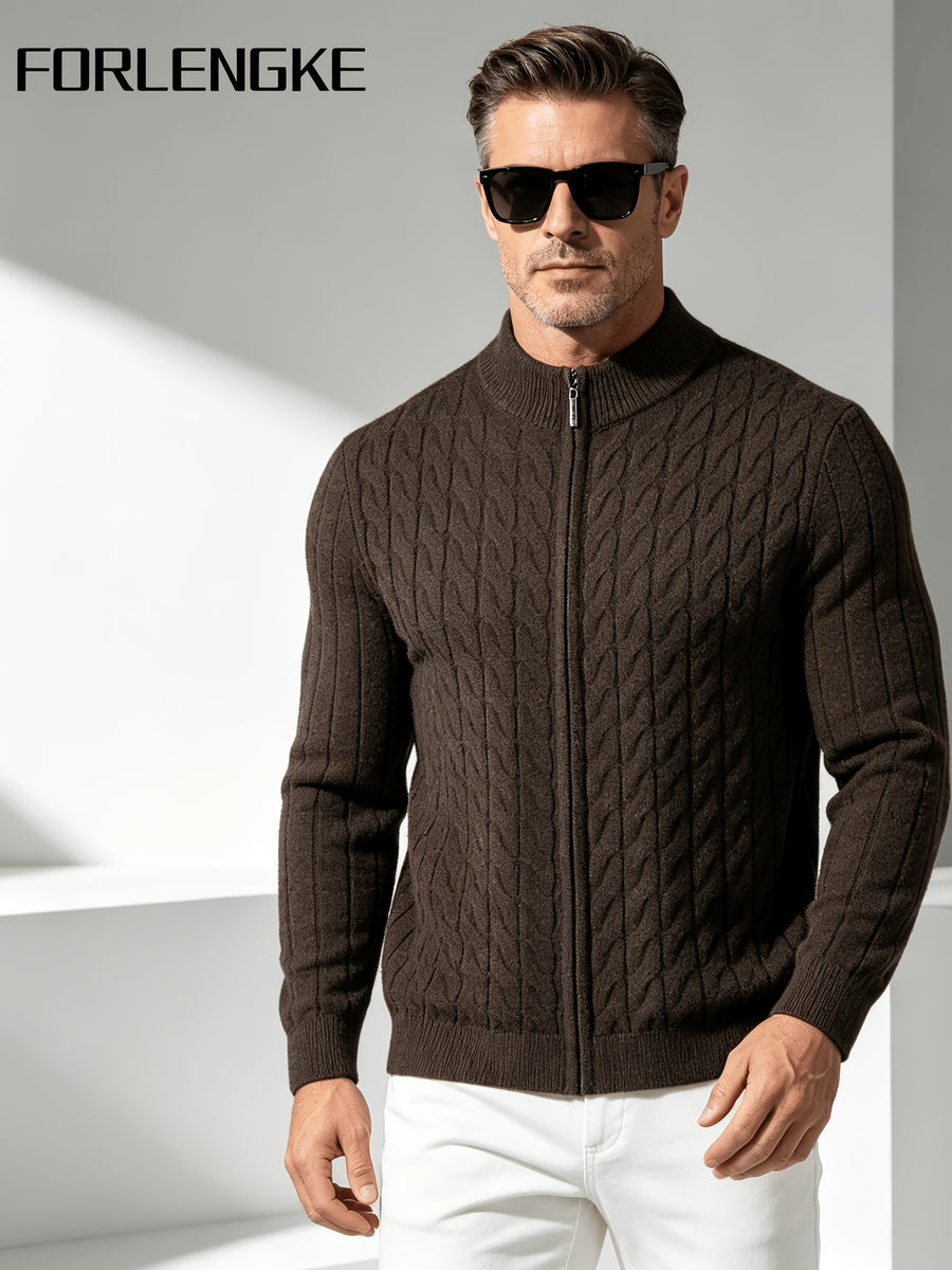 FORLENGKE Men'S Business Casual Stand Collar Cable Knit Cardigan, Soft Warm Textured Long Sleeve Sweater Jacket for Fall Winter Office Daily Wear - Coffee Color