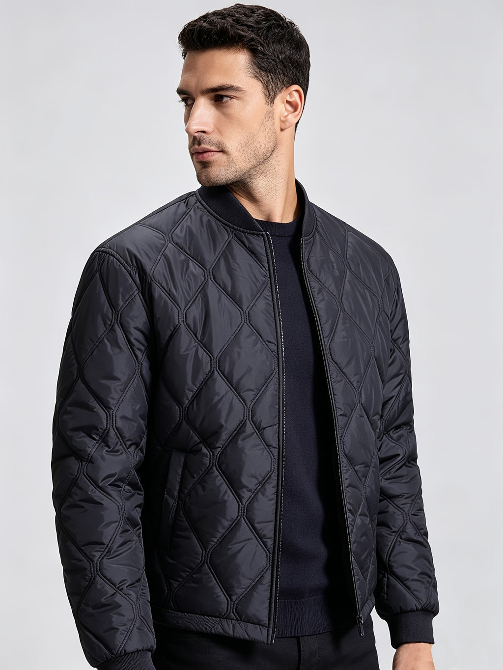 Autumn/Winter Men's Solid Black Diamond-Pattern Stitch Padded Coat, Casual Zipper Baseball Collar Lightweight Padded Outerwear - Navy Color