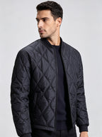 Autumn/Winter Men's Solid Black Diamond-Pattern Stitch Padded Coat, Casual Zipper Baseball Collar Lightweight Padded Outerwear - Navy Color
