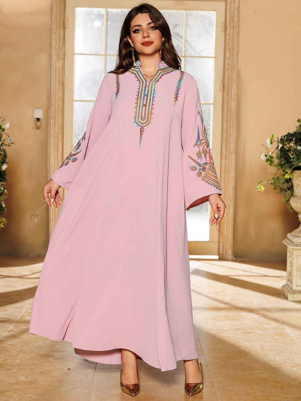1pc Elegant Dubai Floral Embroidery Abaya Dress - Long Sleeve Non-Stretch Fabric, All-Season Middle Eastern Style Conservative Women'S Dress - Peach