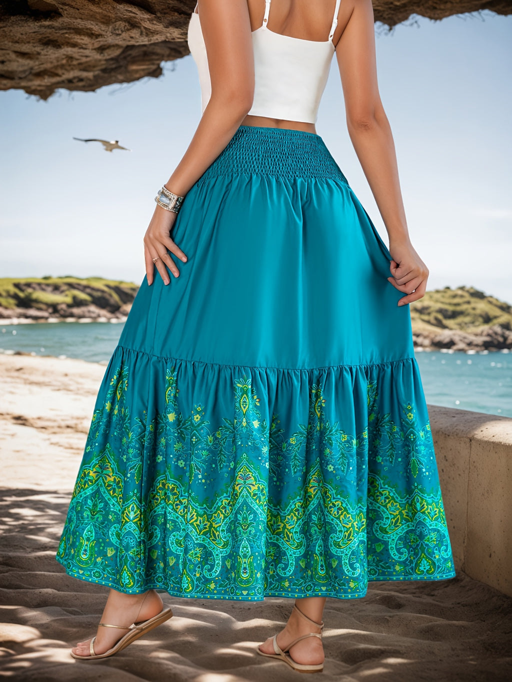 Flower Print Gathered Maxi Skirt - Lake Blue