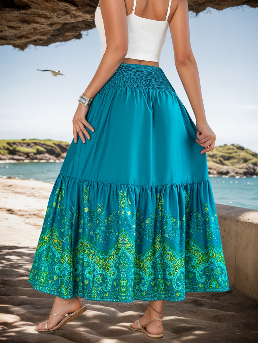 Flower Print Gathered Maxi Skirt - Lake Blue