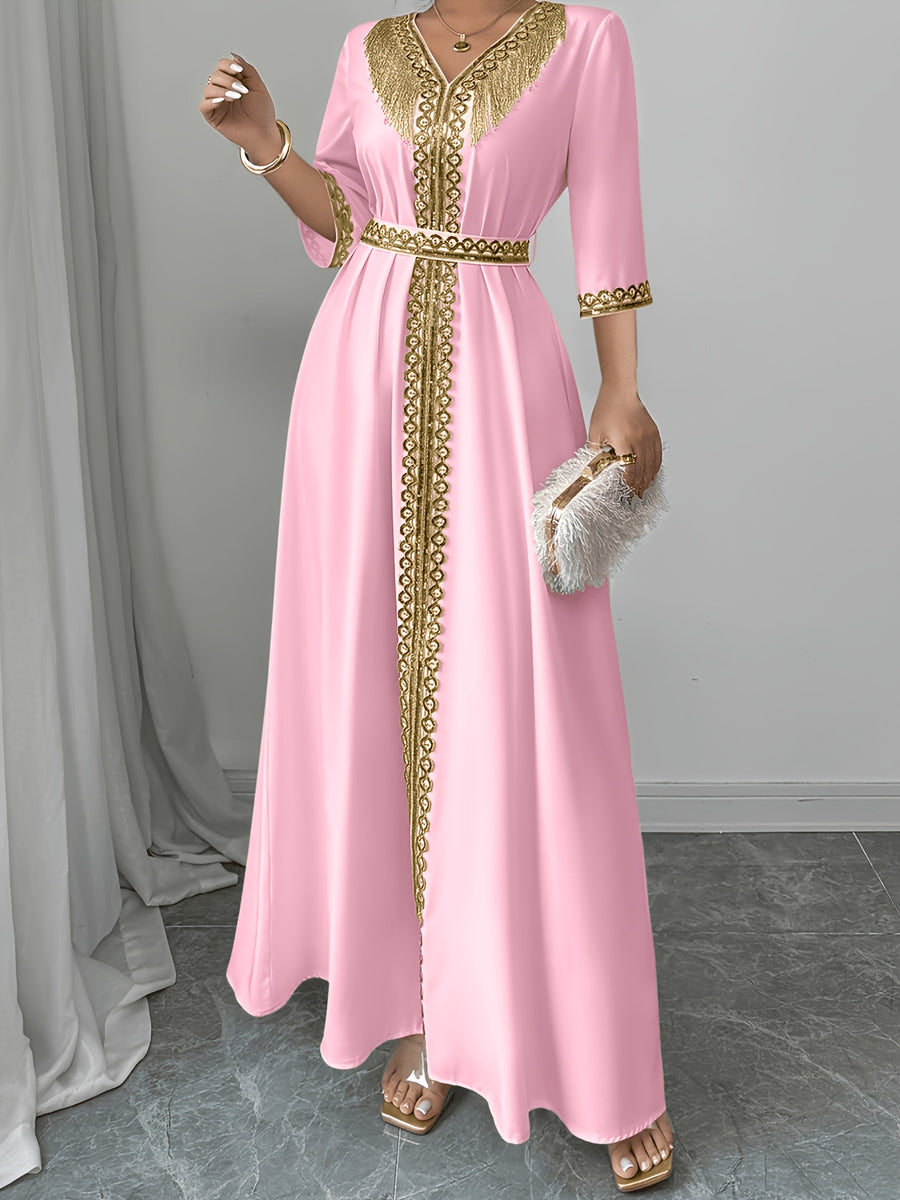 2026 New Abaya Robe Style Kimono Sleeve Long Dress V-Neck Caftan Robe Wrap Style Front Panel High Waist Empire Line Floor Length Dress Golden Lace Trim Sequined Embroidery Golden Bead Trim Golden Contrast Ruffle Tie Waist Skirt Muslim Fashion Arabic - Pink Color