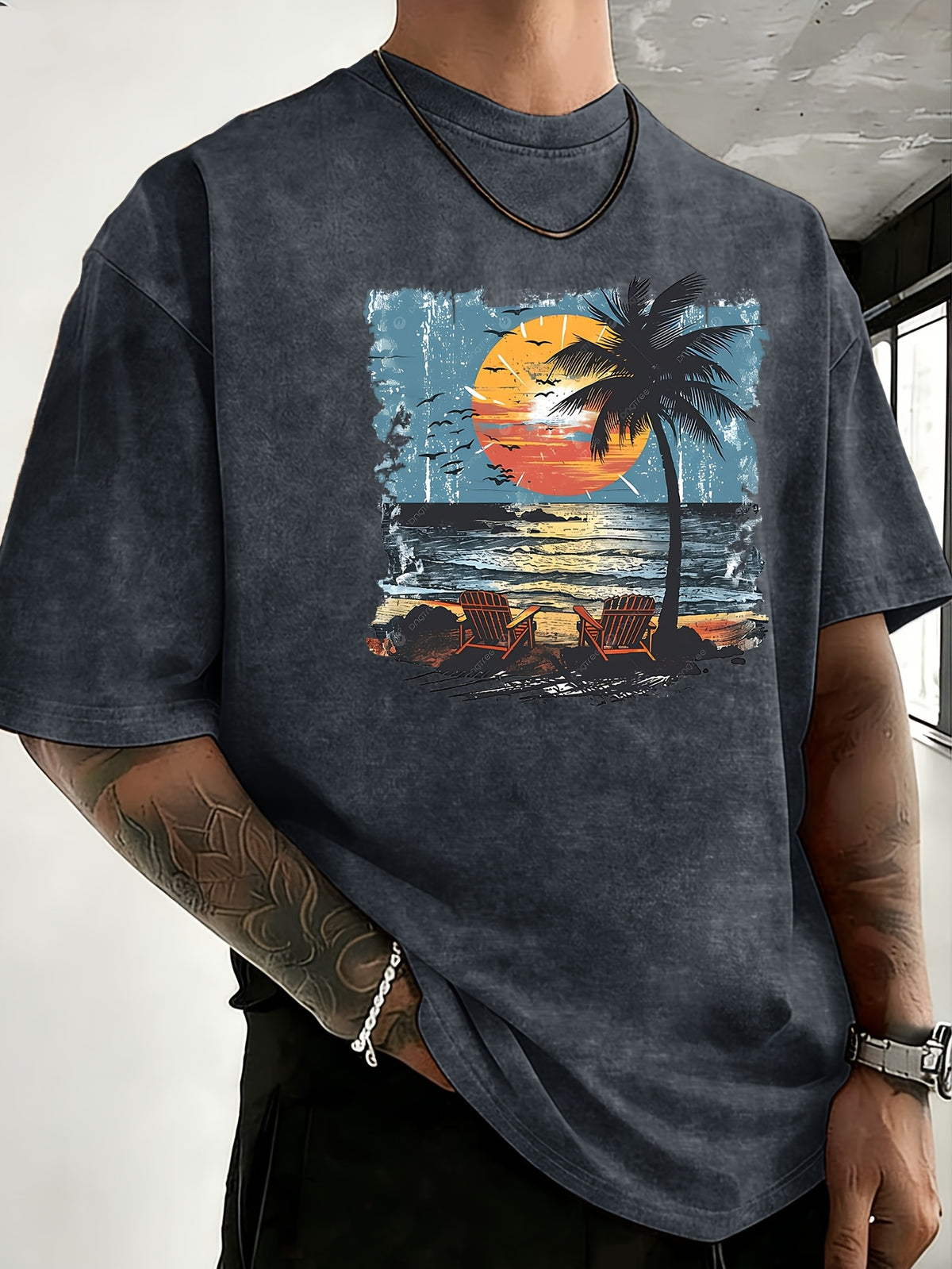 Summer New Unisex Pure T-Shirt, Skin-Friendly Comfortable Breathable Non-Sweaty, Creative Double-Sided Placement Print, Outdoor Travel Fitness Sports Versatile Short Sleeve Top - Navy Color