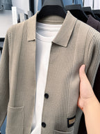 Men's Lapel Knit Cardigan in Multiple Autumn Colors, Vertical Rib-knit Texture, Single-breasted Design, Loose and Versatile, Skin-friendly and Breathable, Suitable for Business Commuting, Daily Outings, Social Gatherings, and Casual Home Wear - Khaki