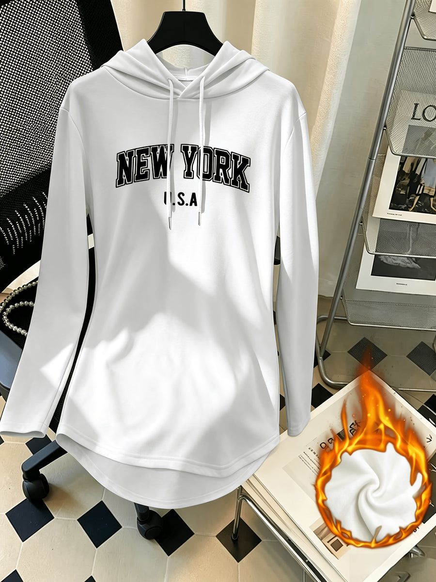 Women's Mid-Length Hooded Sweatshirt, Loose Fit, Hip-Covering, Letter Print, Drawstring Pullover Top - White