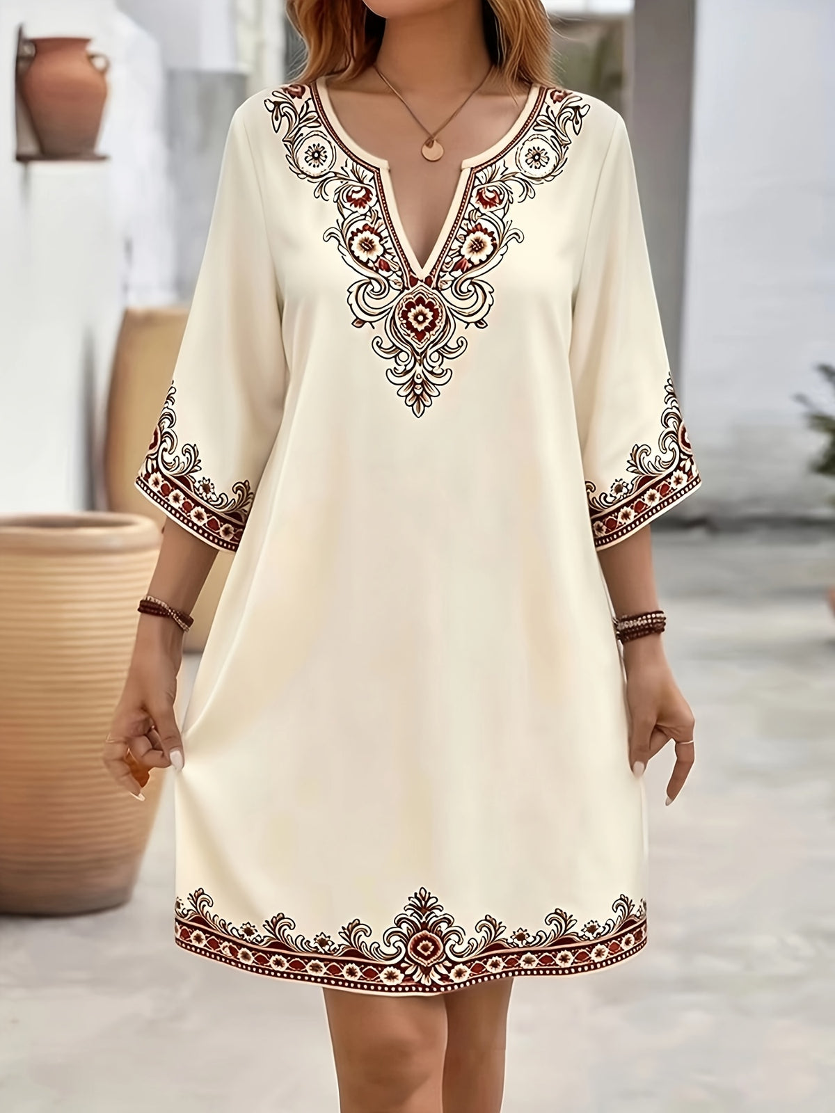Fashionable Elegant Bohemian Ethnic Style Printed V-Neck Short Sleeve Loose Casual Dress - Apricot