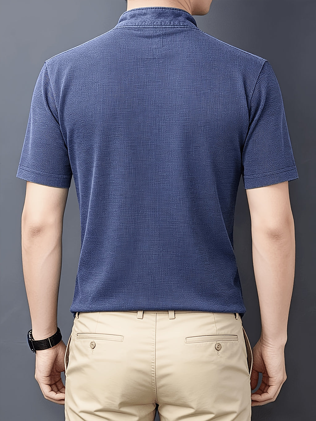 Middle-aged Men's Washed Distressed Vintage T-shirt, Shirt, Henley Collar Top, Solid Color Casual Top - Blue