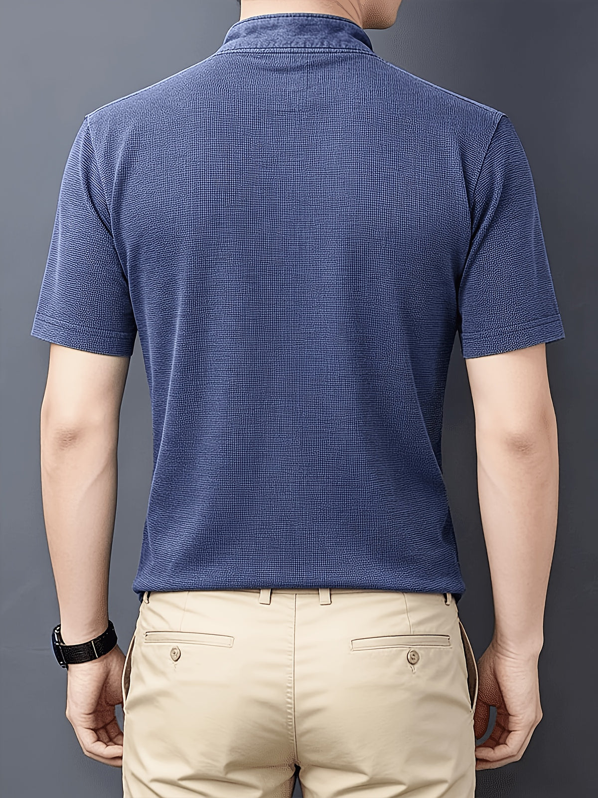 Middle-aged Men's Washed Distressed Vintage T-shirt, Shirt, Henley Collar Top, Solid Color Casual Top - Blue
