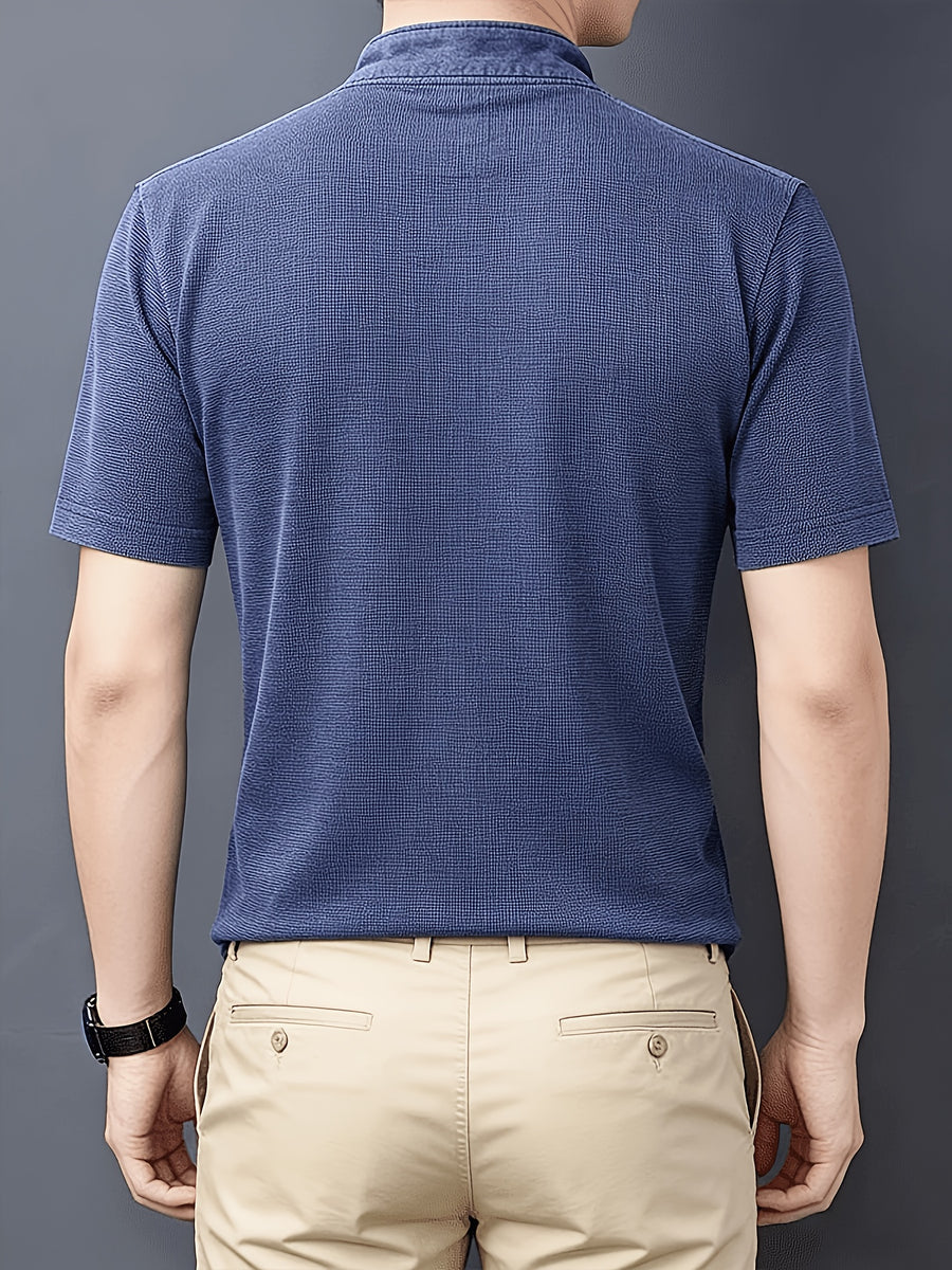 Middle-aged Men's Washed Distressed Vintage T-shirt, Shirt, Henley Collar Top, Solid Color Casual Top - Blue