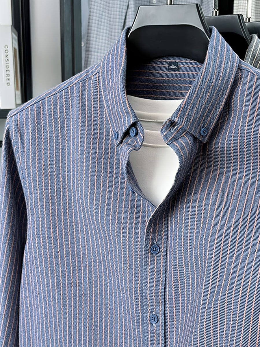 Men'S Pinstripe Long Sleeve Shirt, Button-Up Point Collar Design, Easy Retro Style, Suitable for Spring/Autumn, Can Be Worn As Base Layer in Early Winter - SINBOS - Blue