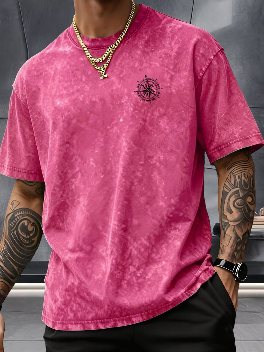 Short Sleeve Top, Washed Distressed Loose Round Neck T-Shirt, Double-Sided Compass And Needle Trendy Print, Casual Styling American Street High Street Hip-Hop Couple Style Daily Outing Commute Statement Sports Fitness All-Match Top - Rose Red
